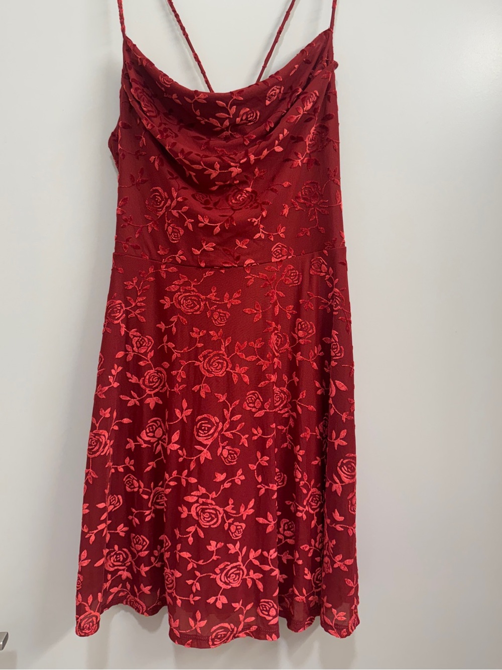 Red Floral Slip Dress with Cowl Neck Romantic Feminine Wedding Guest